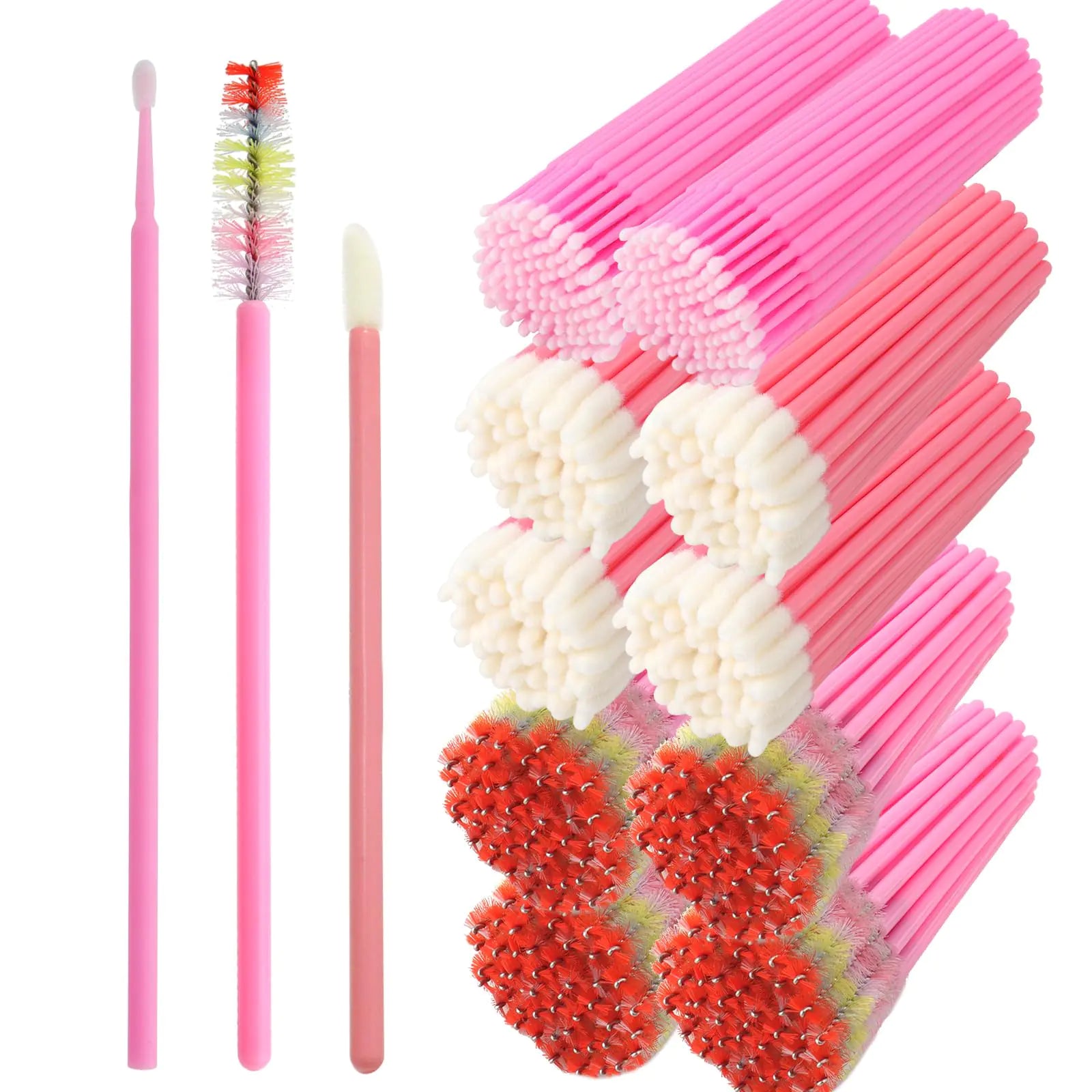 Kit de 600 pièces pour l'extension de cils comprenant 200 brosses à mascaras spoolies, 200 brosses à lèvres en cristal, 200 micro-bâtonnets applicateurs de maquillage, ensemble d'outils applicateurs (Brosse colorée rose)