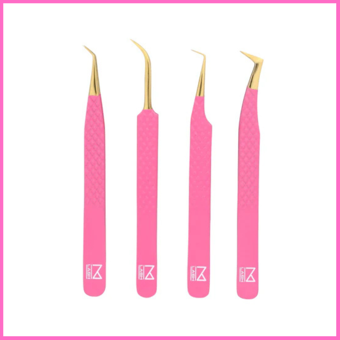M LASH Tweezers for Eyelash Extensions (Set of 4) - Professional Lash Extension Tweezers - Fiber Tip Japanese Steel Diamond Grip Eyelash Extension Tweezer (Pink)