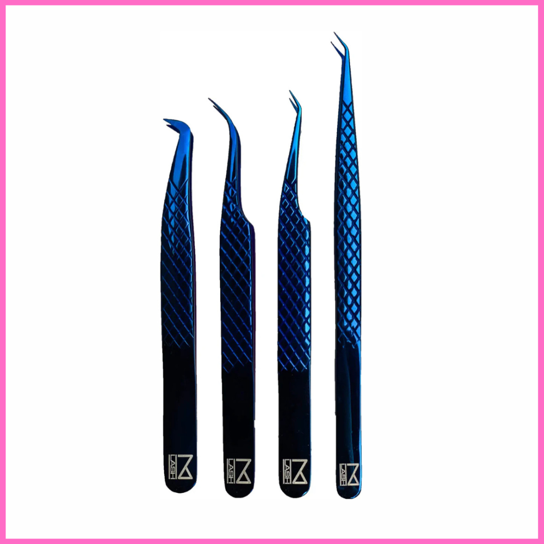 M LASH Tweezers for Eyelash Extensions (Set of 4) - Professional Lash Extension Tweezers - Fiber Tip Japanese Steel Diamond Grip Eyelash Extension Tweezer (Blue)