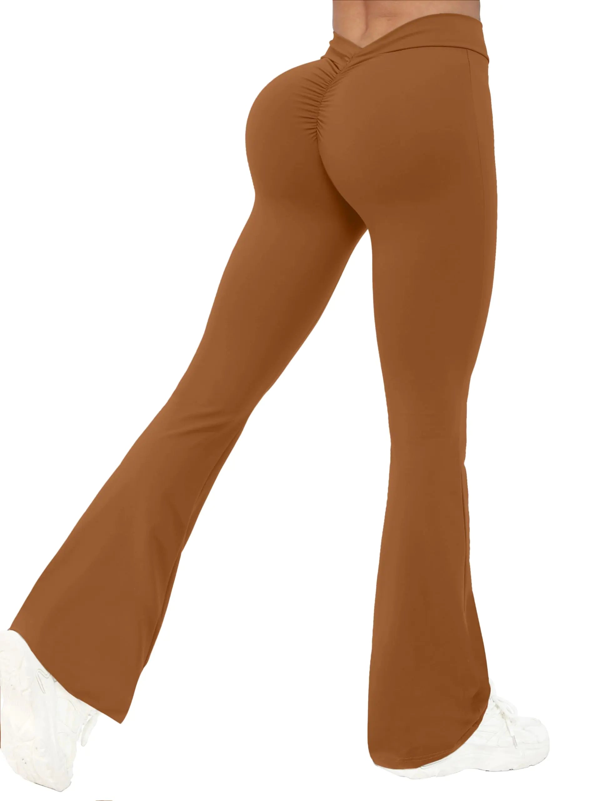 Workout V Back Flare Leggings for Women High Waist Scrunch Butt Lifting Wide Leg Yoga Pants Coffee